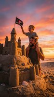 Adult male with beard holding young blonde child on shoulders at sandy beach castle during vibrant sunset, child waving pirate flag, golden hour lighting, family bonding moment, recreational activity.