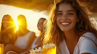 Young woman with radiant smile enjoying popcorn at sunset, golden sunlight creating magical atmosphere during outdoor cinema experience.