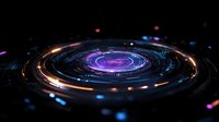 Futuristic circular interface with glowing neon blue and purple lights against dark background, featuring dynamic rotating elements and digital patterns.