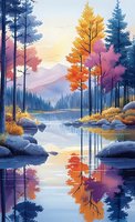 Tranquil autumn landscape with colorful trees reflecting in calm lake water, mountains in background, rocks along shoreline, misty morning atmosphere.