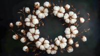 Natural cotton wreath arrangement with white fluffy bolls and brown stems on dark background, organic botanical composition for rustic home decor and seasonal decorating.