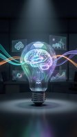 Glowing light bulb with brain inside surrounded by holographic icons representing innovation, renewable energy, and data analytics on dark background.