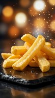 Golden crispy french fries on dark slate with salt crystals and warm bokeh lights creating appetizing fast food atmosphere for restaurant menus.
