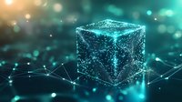 Glowing turquoise cube with connected dots and lines floating in dark space, digital network concept with bokeh light effects and particle elements. For tech backgrounds.