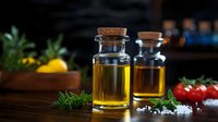 Glass bottles with olive oil and vinegar on dark wooden table with fresh herbs, sea salt crystals, tomatoes and lemon in moody kitchen setting.