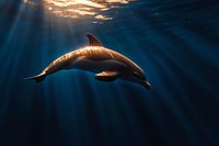 Majestic dolphin swimming in deep blue ocean waters illuminated by dramatic sunbeams penetrating through surface, creating ethereal underwater atmosphere.