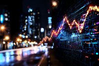 Digital stock market graph overlay on blurred urban night cityscape with glowing lights and reflections showing financial data analysis and trends.