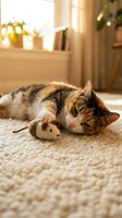 Tabby and white cat relaxing on beige carpet in sunlit living room with cozy home interior, warm natural light from window, domestic pet lifestyle scene.