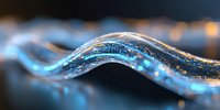 Abstract digital wave with glowing blue light particles flowing in dark space, technology network data visualization background for modern design.