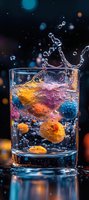 Colorful cocktail with ice cubes and dynamic water splash in glass against dark background with bokeh lights for beverage and bar industry designs.