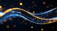 Magical glowing waves with sparkling gold and blue particles flowing on dark background, shimmering bokeh effect creates ethereal atmosphere.