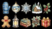 Festive holiday collection featuring blue knit mitten, ornament, snowflake, cabin, holly, gingerbread man, lantern, stacked books, wreath and red gift box isolated on transparent background. Ready for t-shirts, stickers, clipart and print-on-demand designs.