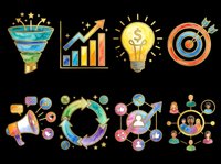 Watercolor business and marketing icon set isolated on transparent background, ready for clipart, stickers, t-shirt design, print on demand, and sublimation projects.