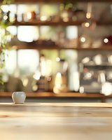 Empty white ceramic cup on wooden table with blurred cafe interior background and soft bokeh lights creating cozy atmosphere for coffee shop or restaurant design.