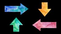 Watercolor arrow set with four directional pointers in blue, green, orange and pink. Isolated on transparent background, ready for clipart, t-shirt design, stickers, print-on-demand and sublimation projects.