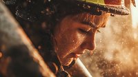 Young Asian male firefighter in protective gear and helmet working in intense heat and smoke conditions during emergency response operation.