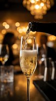 Champagne pouring into flute glass at elegant celebration party with golden bokeh lights and blurred guests in background, perfect for festive event marketing.