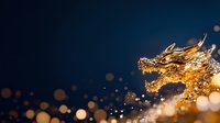 Majestic golden dragon head emerging from mystical bokeh background with glowing particles and water splashes against dark blue atmospheric setting.
