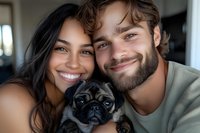 Happy young couple with pug dog taking selfie at home. Smiling man and woman embracing pet in cozy living room interior for lifestyle content.