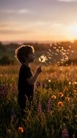 Young child with curly hair blowing dandelion seeds in a wildflower meadow at golden hour sunset, surrounded by purple lupines and orange poppies, capturing carefree childhood moments in nature.
