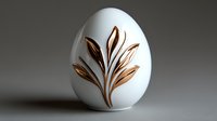 White ceramic egg with elegant copper metallic floral design on smooth surface against neutral gray background. For home decor and holiday decoration.
