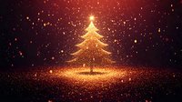 Magical glowing Christmas tree silhouette with golden sparkles and light particles on dark background creating festive holiday atmosphere.