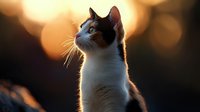 Adorable tabby and white kitten looking up with bright blue eyes during golden hour sunset, warm bokeh background creating dreamy atmosphere for pet photography.