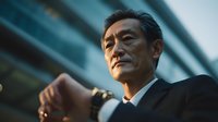 Professional Asian businessman in dark suit looking confidently upward against modern corporate building backdrop for business leadership concepts.
