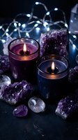 Mystical candles with amethyst crystals and fairy lights creating spiritual atmosphere for meditation, healing rituals, and wellness practices.