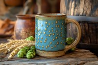 Handcrafted ceramic mug with turquoise glaze and gold dots on rustic wooden table with hops and wheat, perfect for artisan pottery and brewing themes.