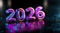 Glowing neon 2026 numbers with purple and pink lighting effects on dark sparkly surface for New Year celebration and future planning concepts.