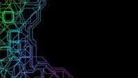 Futuristic neon circuit board pattern with glowing geometric lines in blue, green and purple colors on black background for technology designs.