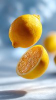 Fresh yellow lemons floating in air, one whole and one cut in half showing juicy pulp, on soft blue background with dramatic lighting and shadows.