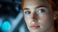 Young redhead woman with freckles and blue eyes in futuristic sci-fi setting with glowing blue lights and technology background for digital art projects.