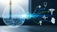 Digital healthcare network sphere with glowing medical icons and data connections representing modern telemedicine and health technology innovation.