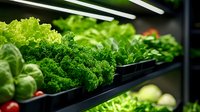 Fresh organic vegetables displayed on modern grocery store shelves under LED lighting. Healthy green produce including lettuce, kale, broccoli for retail market.