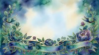 Watercolor floral frame with peonies and ribbon banner in blue and green tones, copy space for text, greeting card or invitation design.