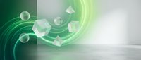 Futuristic green glowing room with floating glass geometric shapes, spheres and cubes, abstract light swirls on dark background for tech design.
