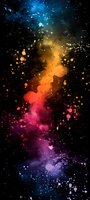 Vibrant cosmic nebula with colorful space dust and glowing particles in blue, orange, pink and purple hues against black background, creating magical galaxy effect.