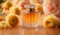 Luxury perfume bottle with golden fragrance surrounded by fresh yellow and pink ranunculus flowers on glossy surface with reflection. Elegant cosmetic still life.