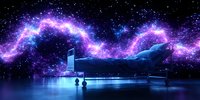 Futuristic airport terminal with cosmic aurora lights in night sky, reflecting on wet surface. Mystical purple nebula and stars create dreamlike atmosphere.