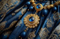 Ornate gold jewelry with blue gemstones on luxurious navy fabric with golden paisley patterns for elegant fashion and cultural celebration designs.
