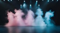 Dramatic stage with pink and blue smoke effects creating ethereal atmosphere against dark background, illuminated by overhead spotlights reflecting on glossy floor.