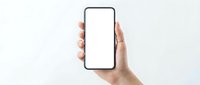 Female hand holding modern smartphone with blank white screen mockup against clean white background for app presentation and digital design.