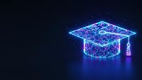 Futuristic glowing graduation cap made of connected dots and lines on dark background. Digital education technology concept for online learning platforms.