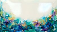 Vibrant watercolor landscape with blooming flowers in teal, purple, and gold tones beneath bright sky. Suitable for wall art, home decor, and creative projects.