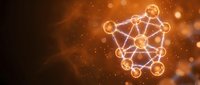 Glowing molecular structure with interconnected nodes and particles on warm orange background for science and technology concepts.