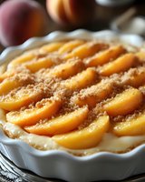 Homemade peach tart with sliced fresh peaches arranged on creamy custard filling, topped with cinnamon sugar, baked in white ceramic dish for dessert recipes and food styling.