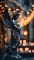 Dark angel statue with ornate wings against warm golden bokeh lights creating spiritual atmosphere for memorial and religious concepts.