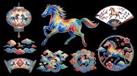 Colorful Asian-inspired decorative elements isolated on transparent background. Includes ornamental lanterns, prancing horses, folding fans, and circular medallions with floral motifs. Ready for clipart, t-shirt design, print-on-demand, sublimation, and sticker applications.